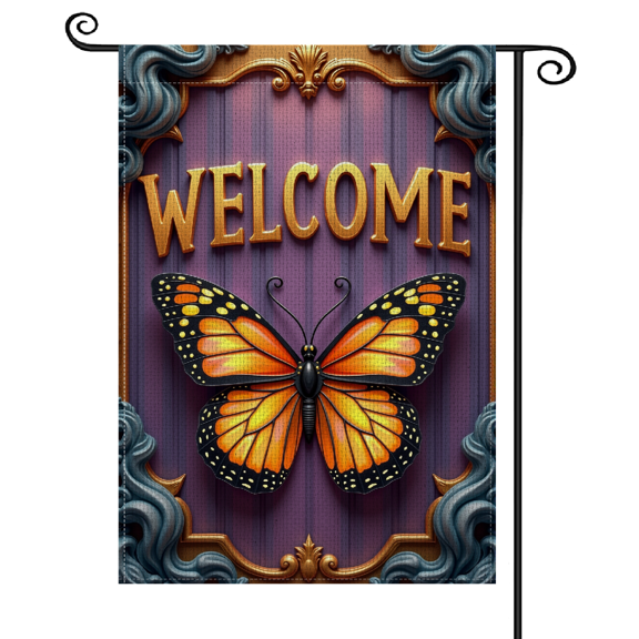 30x45Vintage Welcome Garden Flag, Vibrant Monarch Butterfly Yard Flag, Gold 3D Lettering Ornate Curved Frame Decorative Banner for Front Yard Decor, Porch Decoration, Outdoor Family Gathering