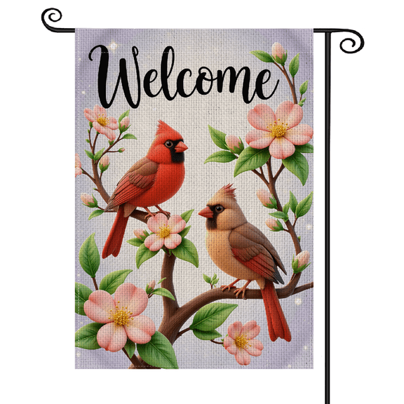 30x45Vivid Color Welcome Garden Flag Lifelike Bird Design Cardinal Bird Garden Flag Light Pink Floral Nature Inspired Spring Garden Banner for Front Yard Decor Porch Decoration Outdoor Garden Use
