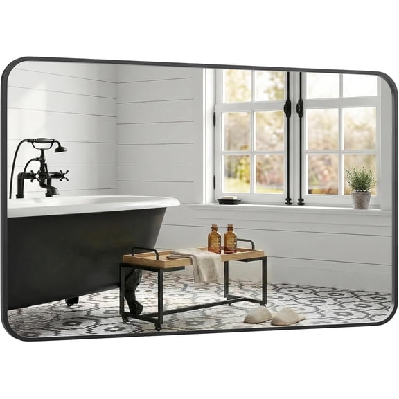 30x48 Inch Matte Black Rounded Rectangle Bathroom Vanity Mirror | For Over-Sink Bathrooms, Powder-Coated Iron Frame, Layered Shadow Box Look, Vertical or Horizontal Layout