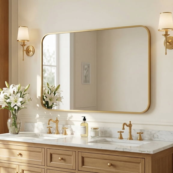 30x48 Inch Oversized Matte Gold Bathroom Vanity Mirrors | Flush Mount Deep Set Metal Wall Mirror for Over Sink | HD Shatterproof Glass, Rustproof | 1 Pack