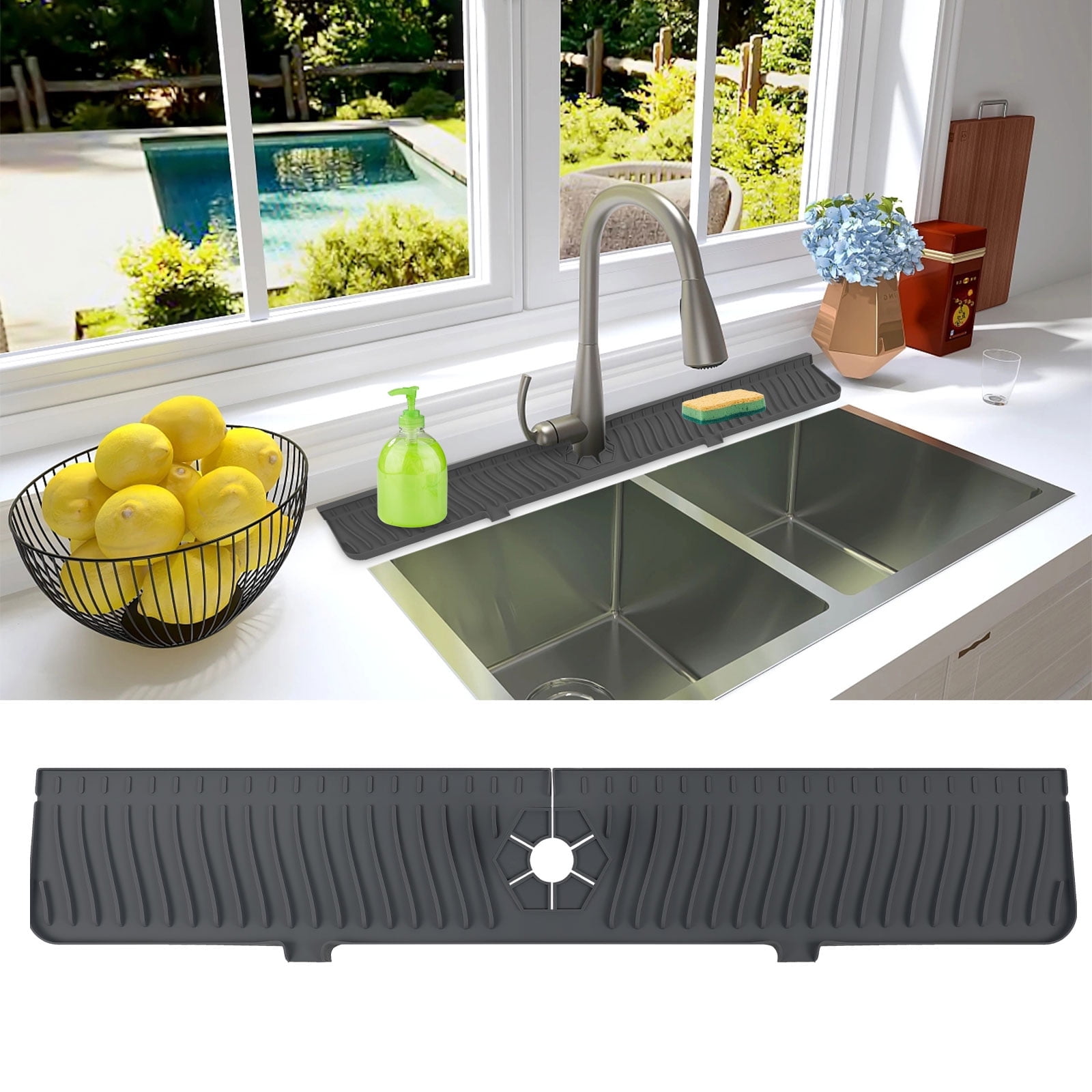 30x5.5 Inch Silicone Sink Faucet Mat for Kitchen Bathroom, 76cm Kitchen Sink Splash Guard, Bathroom Faucet Drain Mat Handle Drip Catcher Tray, Countertop Protector Absorbent Drying Pad Black