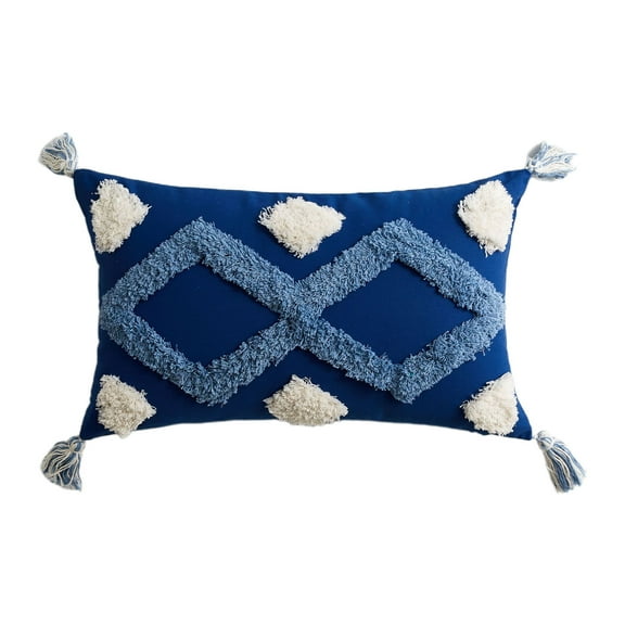 30x50cm Boho Morocco Lumbar Throw Pillow for Case White Blue Geometric Pattern Woven Tufted Tassels Rectangle Cushion Co