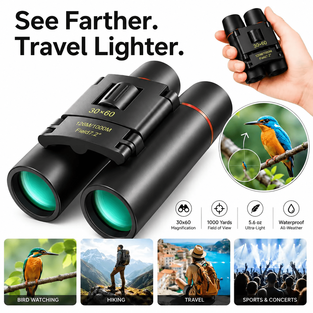 Genreen 30x60 Binoculars Suitable for Adults and Children Bird Watching Travel Sightseeing, Waterproof Lightweight Small Binoculars, with Clear Low-Light Vision