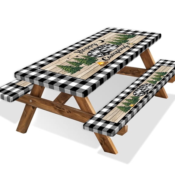 30x72 Inch Fitted Picnic Table Cover with Bench Covers, Elastic Edge Happy Camping Buffalo Checkered RV Tablecloth Wooden Outdoor Table Covers for Camping, Patio, Garden 3 PCS