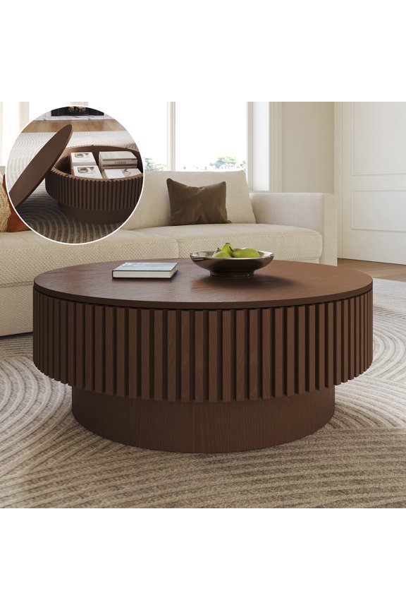 31.1" Round Coffee Table, Dark Brown MDF & Solid Wood Table with Movable Tabletop & Invisible Storage, Stable Base Space-Saving Center Table for Living Room & Small Space