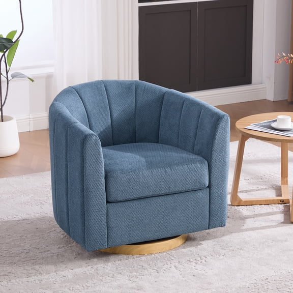 31.1'' Wide Upholstered Chenille Swivel Barrel Chair with Solid Wood Base, Comfy Channel Tufted Accent Round Armchair, Single Club Sofa for Living Room Bedroom Reading Nook Corner Apartment, Blue