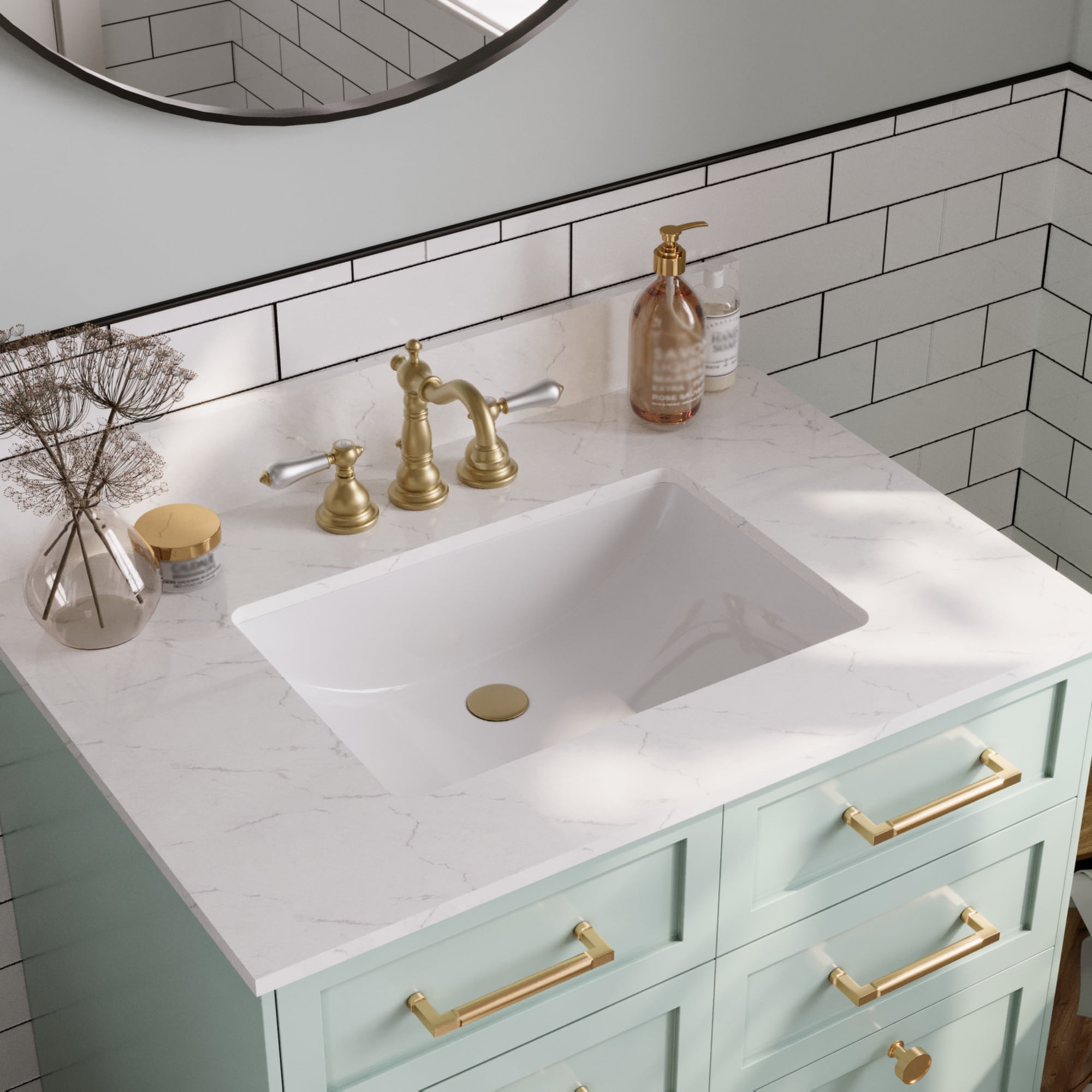 White Ceramic and Engineered Stone Bathroom Vanity Top with Sink
