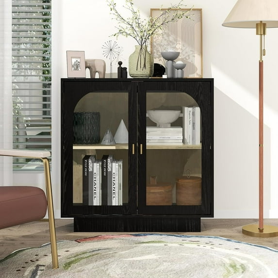 31.1-inch Black Modern Tableware Cabinet Buffet Cabinet - 2 Acrylic Glass Doors, Adjustable Shelves and Metal Handles, Corridor, Living Room, Bedroom