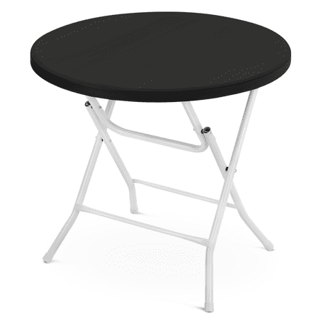 31" (2.5 Foot) Round Folding Table, Portable Plastic Commercial Card Dining Desk, No Assembly, Black Top/White Leg