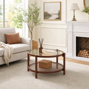 31" 2-Tier Round Coffee Table with Tempered Glass Top, Center Table with Storage Shelf for Living Room,Cherry