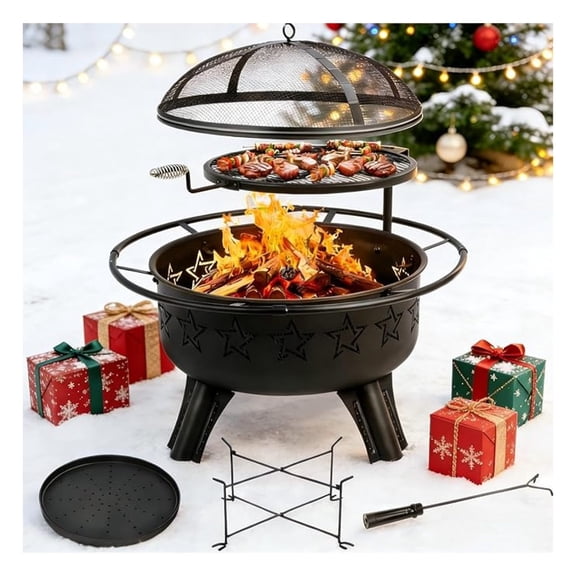 31" 2-in-1 Wood Burning with Swivel BBQ Grills & Screen for Outside - Heavy Duty Outdoor Firepit with Charcoal Pan, Log Rack & - for Backyard, Patio, Garden