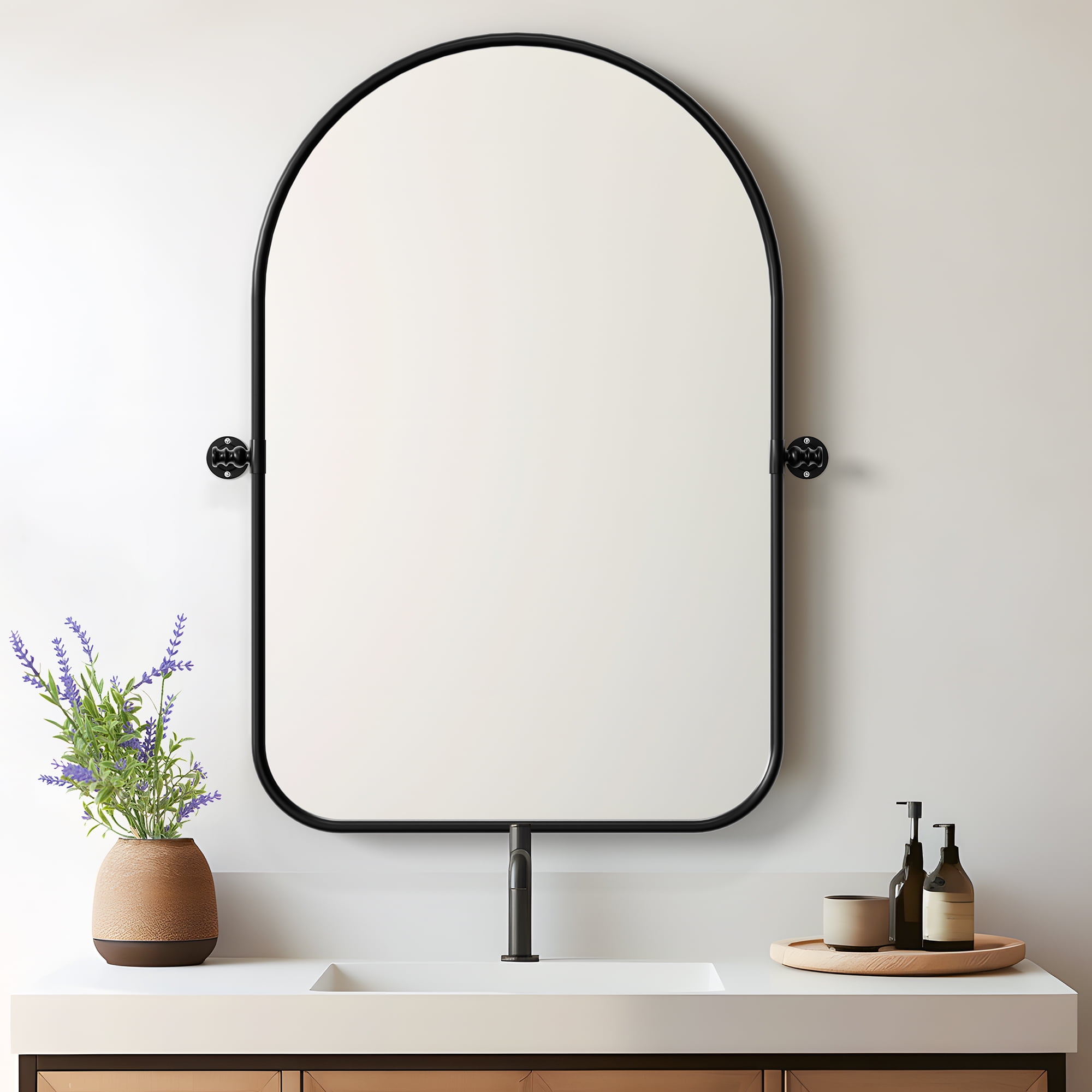 31"*23"Iron Rounded Arched Black Rotating Hardware Wall Mirror