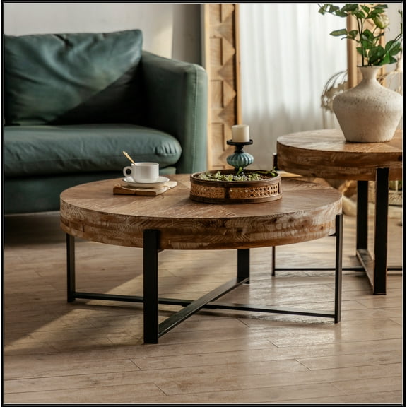 31.29"Modern Retro Splicing Round Coffee Table, Fir Wood Table Top with Black Cross Legs Base(Same SKU:W75770652)