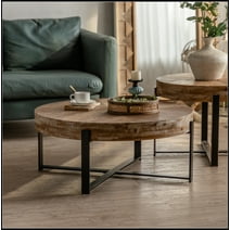 31.29"Modern Retro Splicing Round Coffee Table, Fir Wood Table Top with Black Cross Legs Base