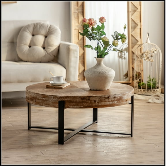 31.29"Modern Retro Splicing Round Coffee Table , Fir Wood Table Top with Cross Legs Metal Base(Same SKU:W757123560)