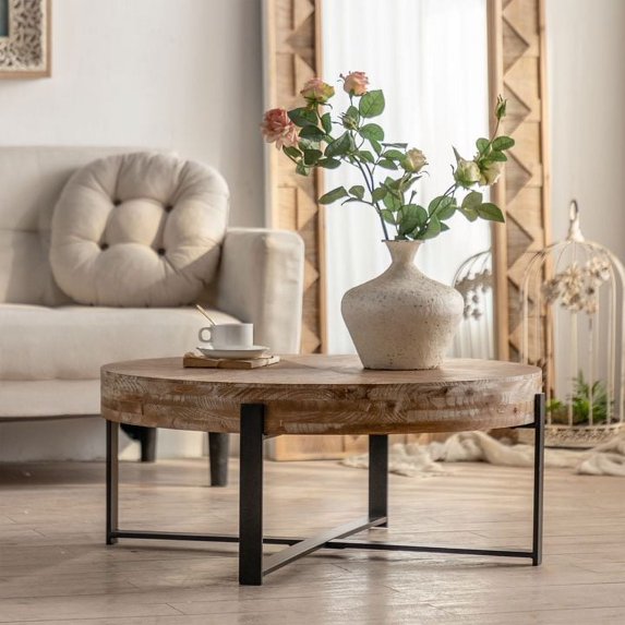 31.29" Round Coffee Table, Fir Wood Table Top with Black Cross Legs Base