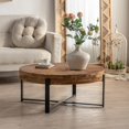 thumbnail image 1 of 31.29" Round Wood Coffee Table, Modern Farmhouse Splicing Living Room Table with Black Cross Legs Base, Retro Sofa Side Center Table for Home Office, Brown, 1 of 10