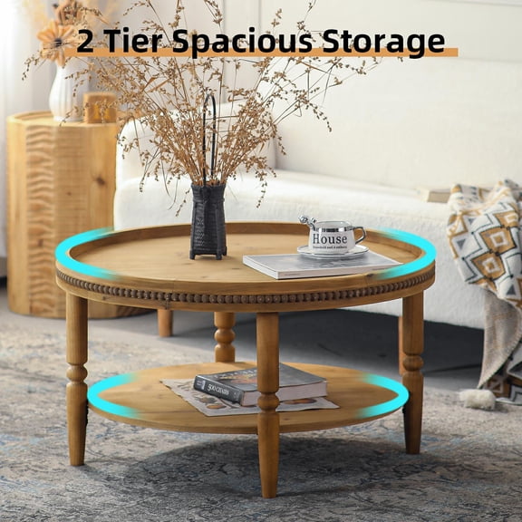 31.3" Round Bohemian Coffee Table with Storage, Two-Tiered Decorative Table, Beaded Edges, and Curved Solid Wood Legs, Country Style Living Room Cocktail Table, Walnut Brown