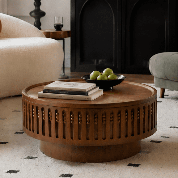 31.3"Round Coffee Table, Round Lattice Design End Table, Boho Accent Table with Flip-Top Storage Function Hidden Storage Option ,for Living Room,Bedroom