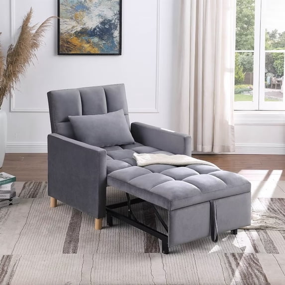 31.3" Sleeper Chair Bed, Convertible Chair, 3 in 1 Multi-Function Folding Ottoman Sofa Bed, Pull Out Sleeper Chair Beds, Adjustable Chair with Pillow, Single Bed Chair for Small Space, Gray