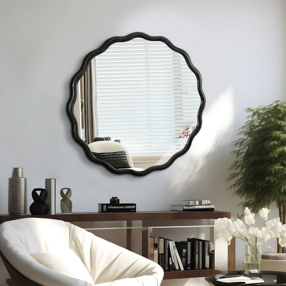 31"×31" Wood Vanity Mirror Wall Decor, Modern Round Mirror with Solid Wood Wave Border, Mirror Wall Decor for Living Room, Bathroom, Cloakroom, Entryway, Black