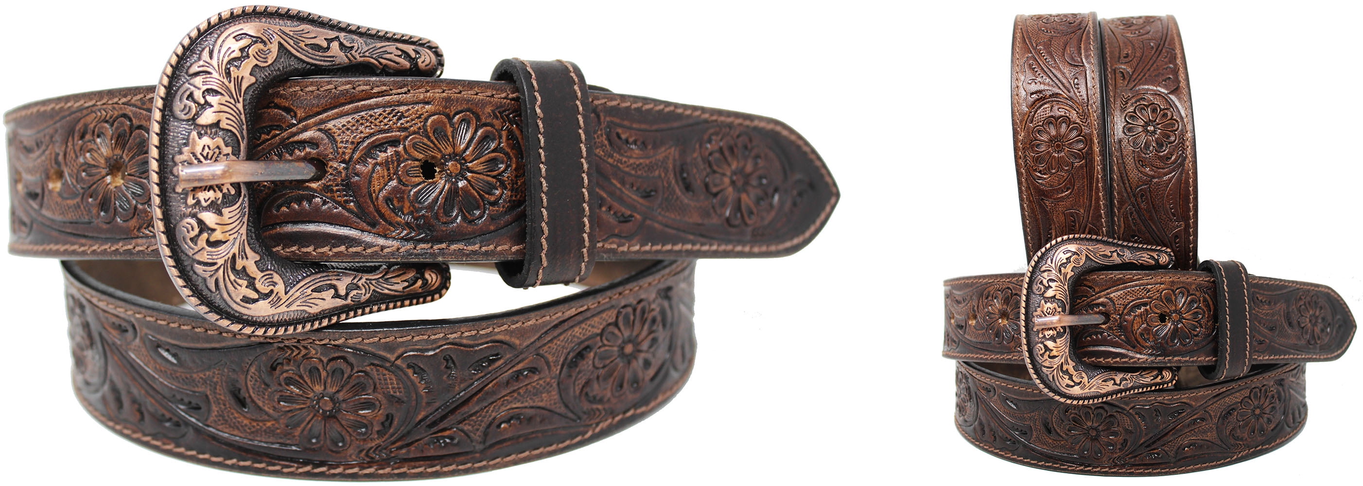 37-38 Men's 1-1/2 Wide Brown Leather Floral Tooled Casual Jean Belt  26AA104BR 