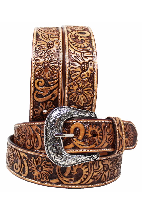 Challenger Men's 1-1/2" Wide Tan Leather Floral Tooled Casual Jean Belt 26FK03