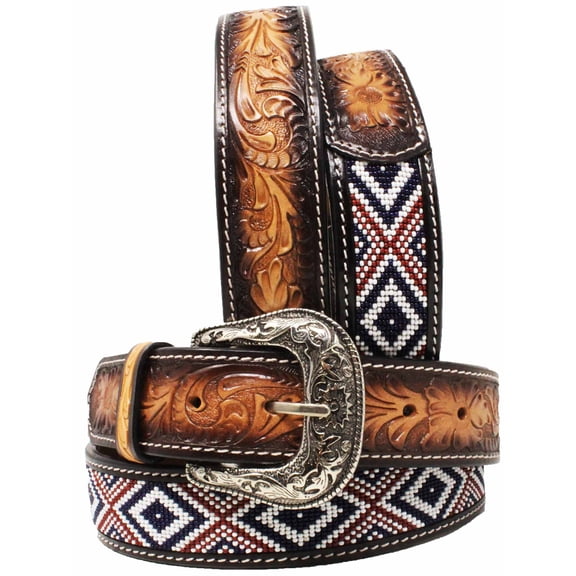 31-32  Men's 1-1/2" Wide Tan Leather Floral Tooled Casual Jean Belt 26FK38