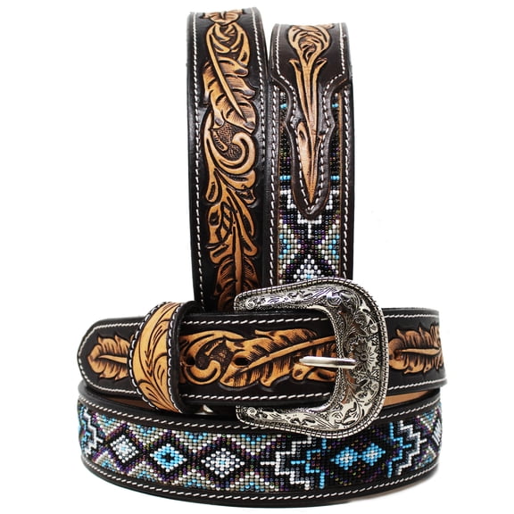 31-32  Men's Western Rodeo Heavy Duty Beaded Full-Grain Leather Belt 26RT15