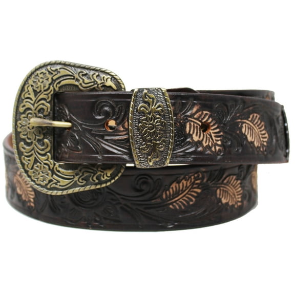 31-32  Unisex 1-1/2" Wide Brown Floral Tooled Leather Casual Jean Belt 26BT421
