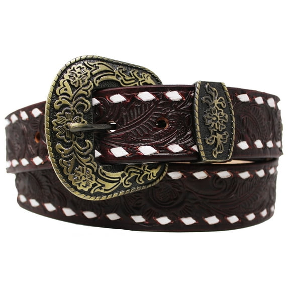 31-32 Unisex 1-1/2" Wide Brown Floral Tooled Leather Casual Jean Belt 26BT422
