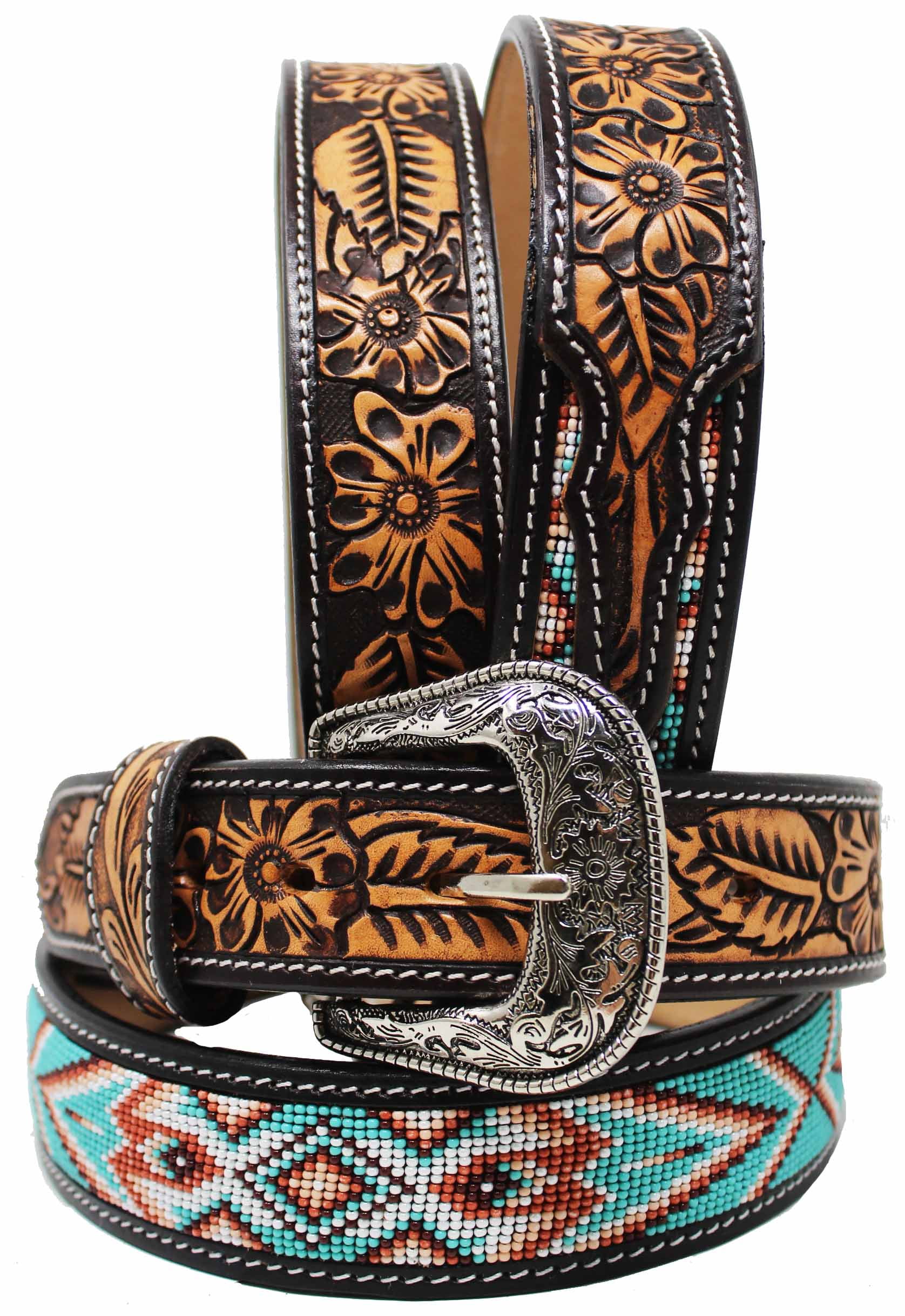3594 Western Tooled Leather Beaded Belt For Men And Women IMG_4763.jpg?crop=center&  main image 3
