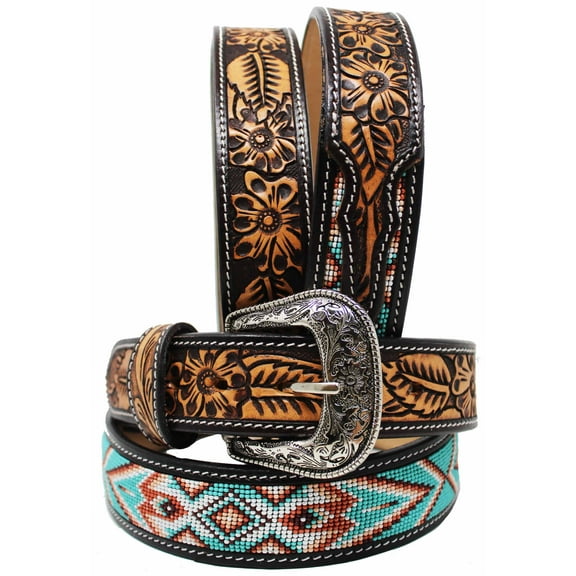 31-32  Unisex 1.5" Western Floral Tooled Beaded Full-Grain Leather Belt 26RT41B