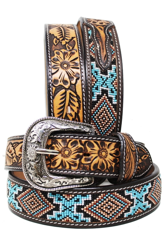 31-32 Unisex 1.5" Western Floral Tooled Beaded Full-Grain Leather Belt 26RT51B