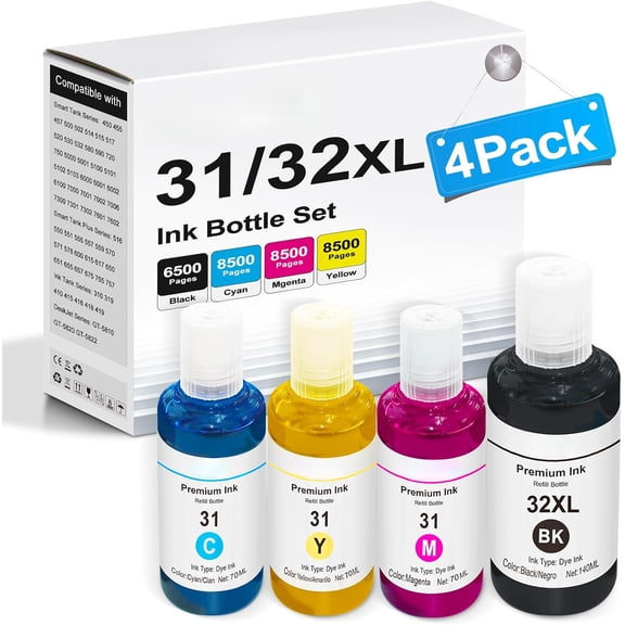 31 32XL Ink Bottle Set Compatible for HP Smart Tank 7301 7602 5000 5101 5102 651 6001 570 Printer 32 XL Ink Refill (Black CMY) 4-Pack