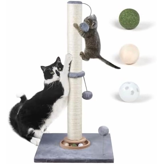 31" Cat Scratching Post Kitten Toys for Indoor Cats, Interactive Cat Scratcher with Catnip Balls, Sisal Scratch Rope for Large Cats, Grey