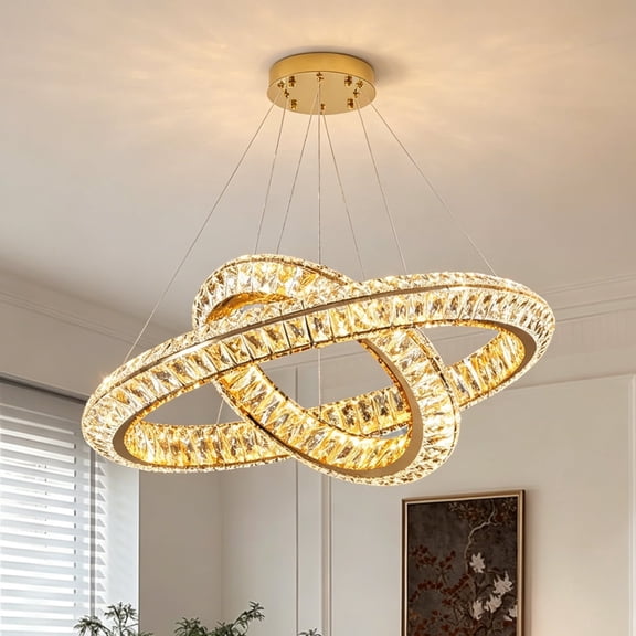 31.4"+23.6 Inch Intertwined Two-Ring K9 Crystal Chandelier, 3 Color Dimmable LED Pendant Light, Modern Circular Crystal Lamp for Living Room Dining Table Kitchen Island Bedroom Luxury Home Decor