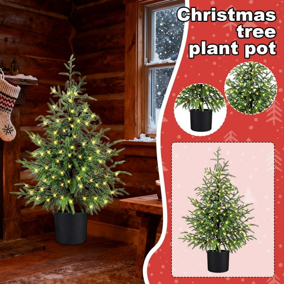 31.4" Artificial Norfolk Pine Tree with LED - Faux Christmas Tree Potted Green for Front Porch Christmas Indoor Outdoor Decor for Entryway, Living Room, Office, Apartment