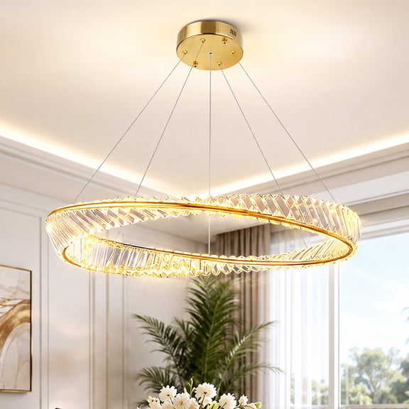 31.4 Inch Gold Round Ring K9 Crystal Pendant Chandelier, 3 Color Temperature Dimmable Hanging Lamp, Modern Circular Vertical Glass Rod Light for Dining Room Kitchen Island Bedroom Living Room