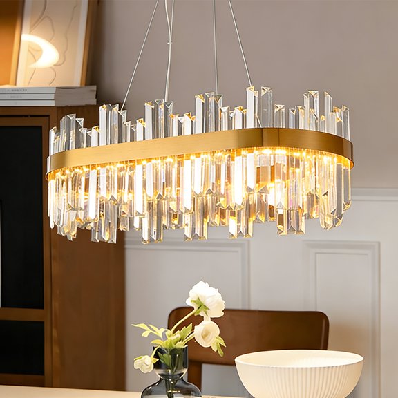 31.4 Inch Oval K9 Crystal Linear Chandelier, 68W Three Color Dimmable LED Pendant Light, Modern Luxury Crystal Lamp for Kitchen Island Dining Table Breakfast Nook Home Decor