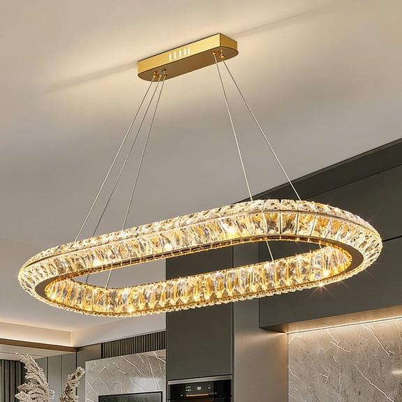 31.4 Inch Oval Rectangle K9 Crystal Chandelier, 3 Color Dimmable LED Linear Pendant Light, Modern Long Crystal Lamp for Kitchen Island Dining Table Breakfast Nook Luxury Home Decor