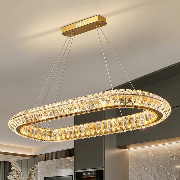 31.4 Inch Oval Rectangle K9 Crystal Chandelier, 3 Color Dimmable LED Linear Pendant Light, Modern Long Crystal Lamp for Kitchen Island Dining Table Breakfast Nook Luxury Home Decor