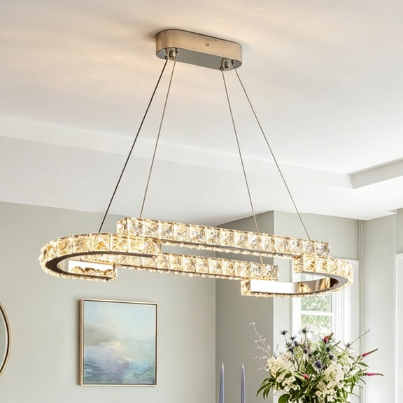 31.4 Inch Rectangle Oval K9 Crystal Linear Pendant, 3 Color Temperature Dimmable LED Hanging Light, Modern Long Elliptical Crystal Lamp for Kitchen Island Long Dining Table Breakfast Nook