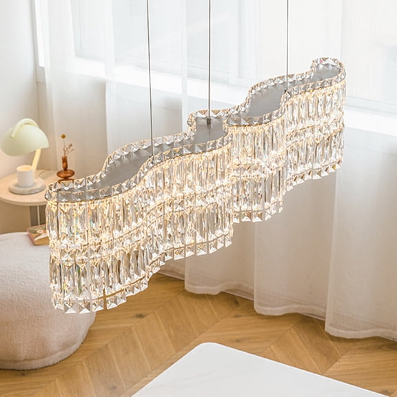 31.4 Inch Wavy Rectangle K9 Crystal Chandelier, 3 Color Dimmable LED Linear Pendant Light, Modern Long Crystal Lamp for Kitchen Island Dining Table Breakfast Nook Luxury Home Decor