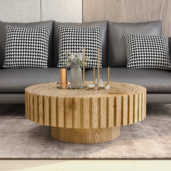 31.4” Round Fluted Coffee Table, Modern Wood Circle Coffee Table, Veneer Handcrafted Relief Tea Table with Sturdy Pedestal, for Living Room, Easy Assembly, Wood