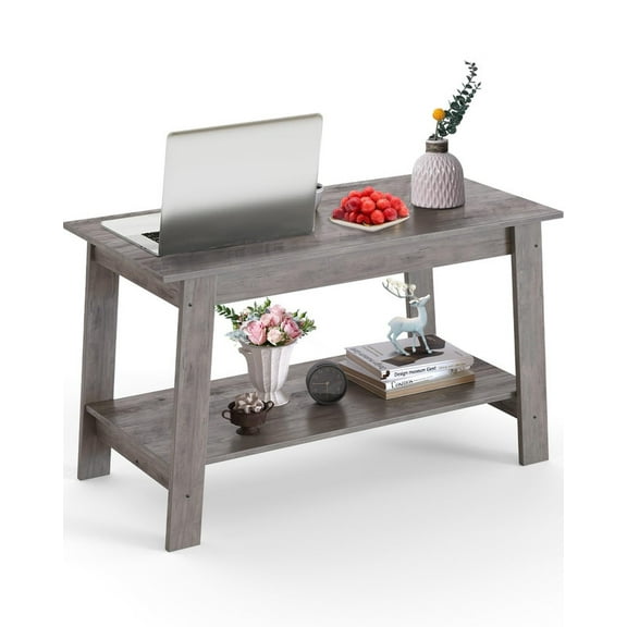 31.49" Industrial Coffee Table, Farmhouse Nightstand Set of 2-Tier Storage Side Tables with Rustic Wood Finish for Bedroom/Living Room, Narrow Space-Saving Design, Grey