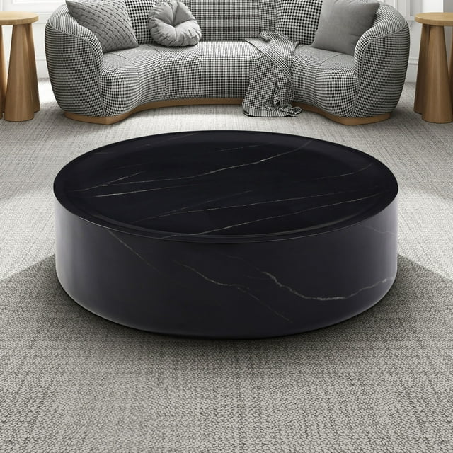 31.49''  Round Coffee Table with Marble Texture, Modern Low Drum Circle Fiberglass Coffee Table, Side Table Accent Table for Living Room, Outdoor, No Need Assembly, Black