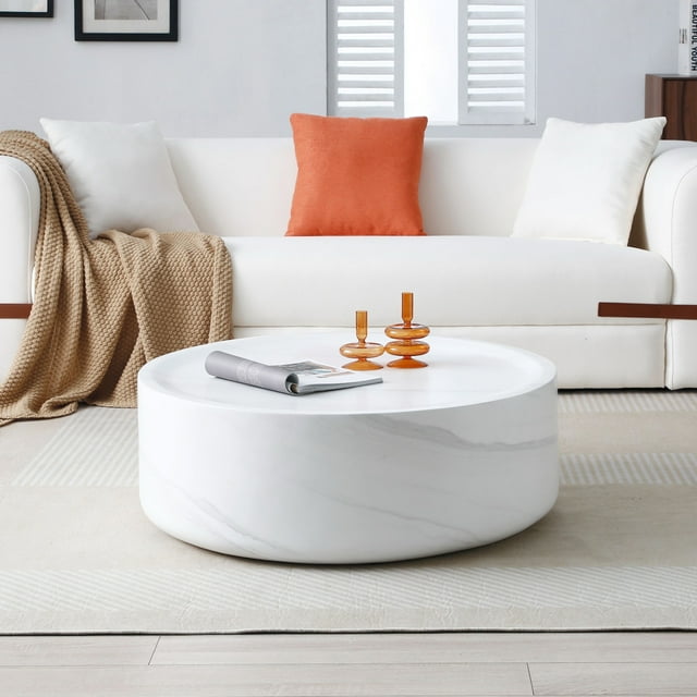 31.49'' Round Coffee Table with Marble Texture, Modern Drum Low Circle
