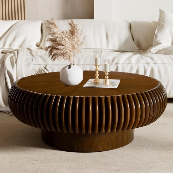 31.49" Round Drum Coffee Table Modern Unique Circular Fluted Tea Tables Handcrafted Circle Centre Table for Living Room, Small Space, Apartment, Easy Assemble