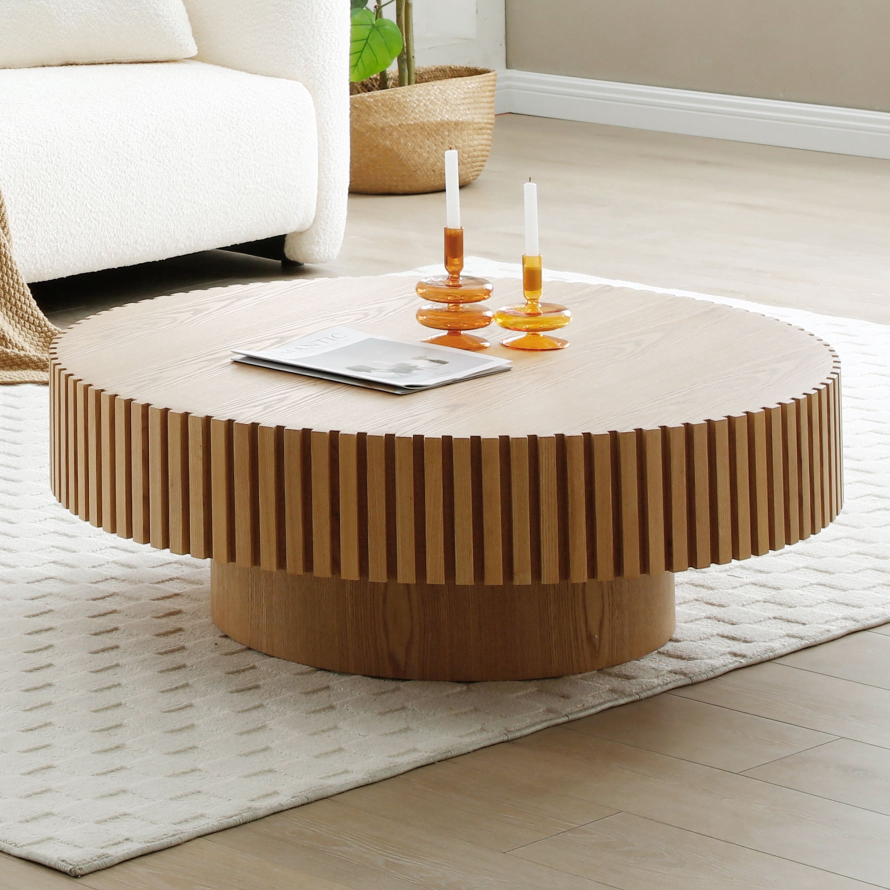 31.49'' Round Wooden Coffee Table with Sturdy Base,Fluted Drum Side ...